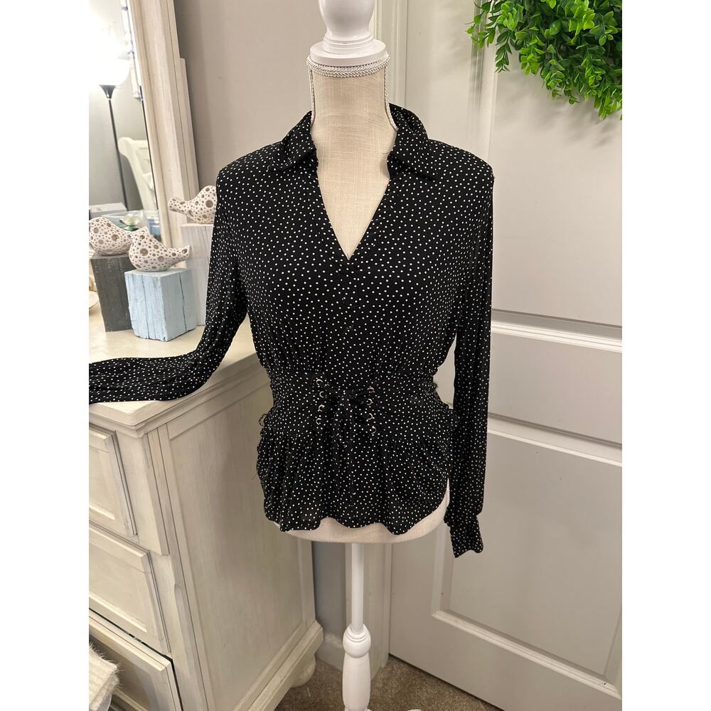 Ember Size Medium Black and White Polka DDot Long Sleeved Blouse Lace Up Detail